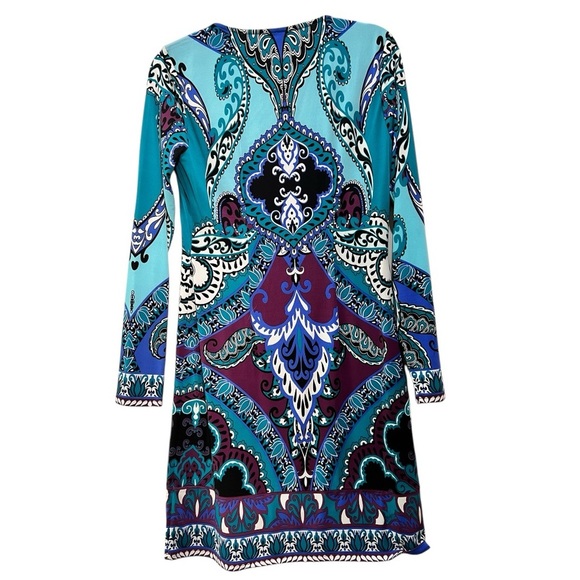 Hale Bob S Jersey Dress Faux Leather V Neck Purple Blue Turquoise NWT - Picture 6 of 16